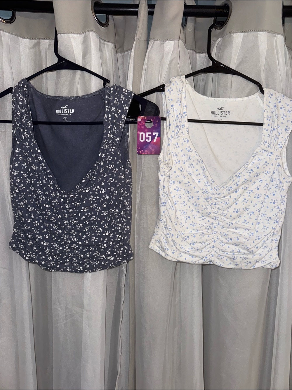 Hollister Pair: Dark Gray Floral V-Neck & White Blue Floral Ruched Tank Tops